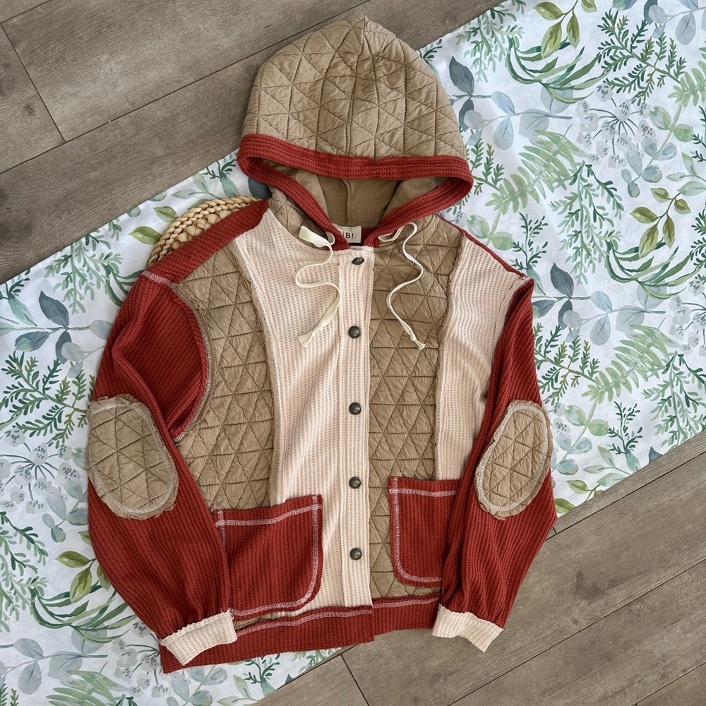 New BiBi Women’s Thermal Quilted Waffle Sweater Patchwork Shacket Jacket Size SM - Picture 14 of 16